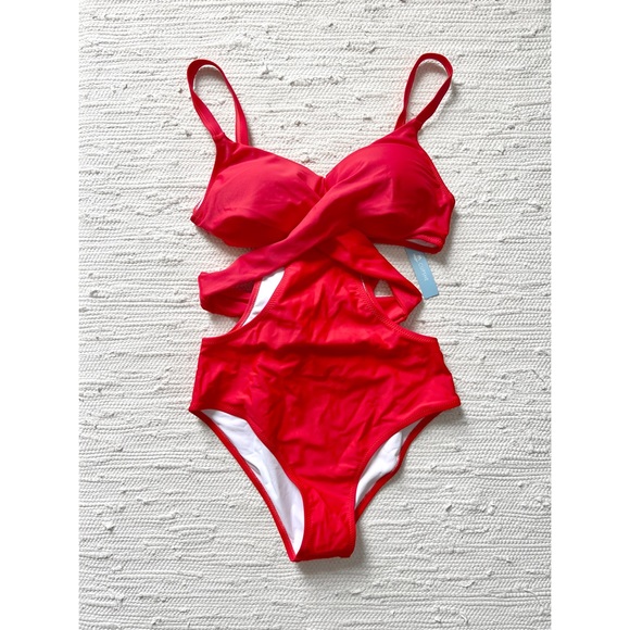 DEEP V RED CUTOUT ONE PIECE SWIMSUIT AND SKIRT